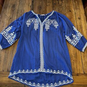 Soft Surroundings Coruh Gauze Top Tunic Size S Embroidered 100% Cotton Blue